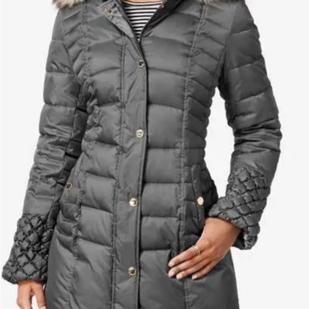 Betsey Johnson Charcoal Puffer Coat with Faux Fur Trim